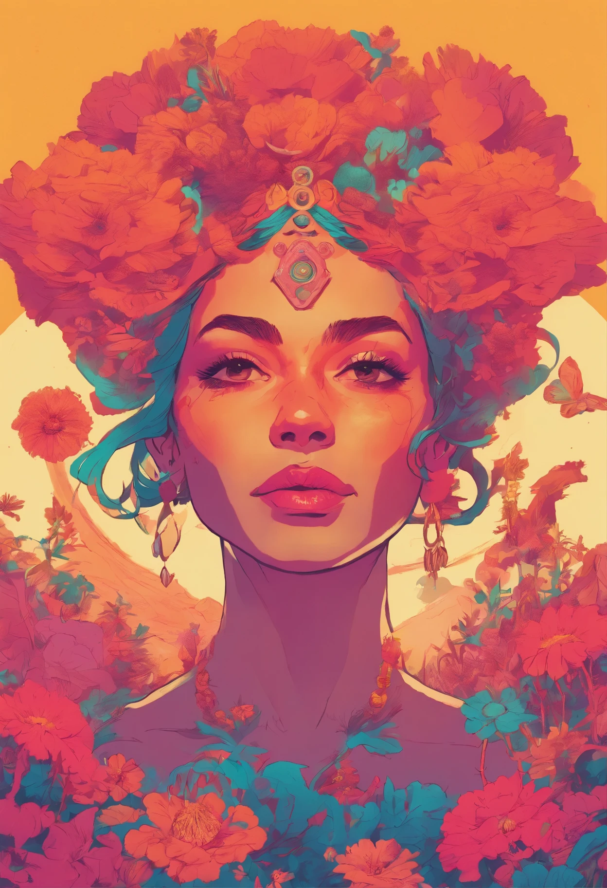 there is a woman with a lot of flowers on her head, priestess, psychedelic illustration, headdress, a beautiful artwork illustration, in style of laurie greasley, by Justin Gerard, jen bartel, pop surrealism art style, loish |, colorfull illustration, magic mushroom, cosmic horror illustration