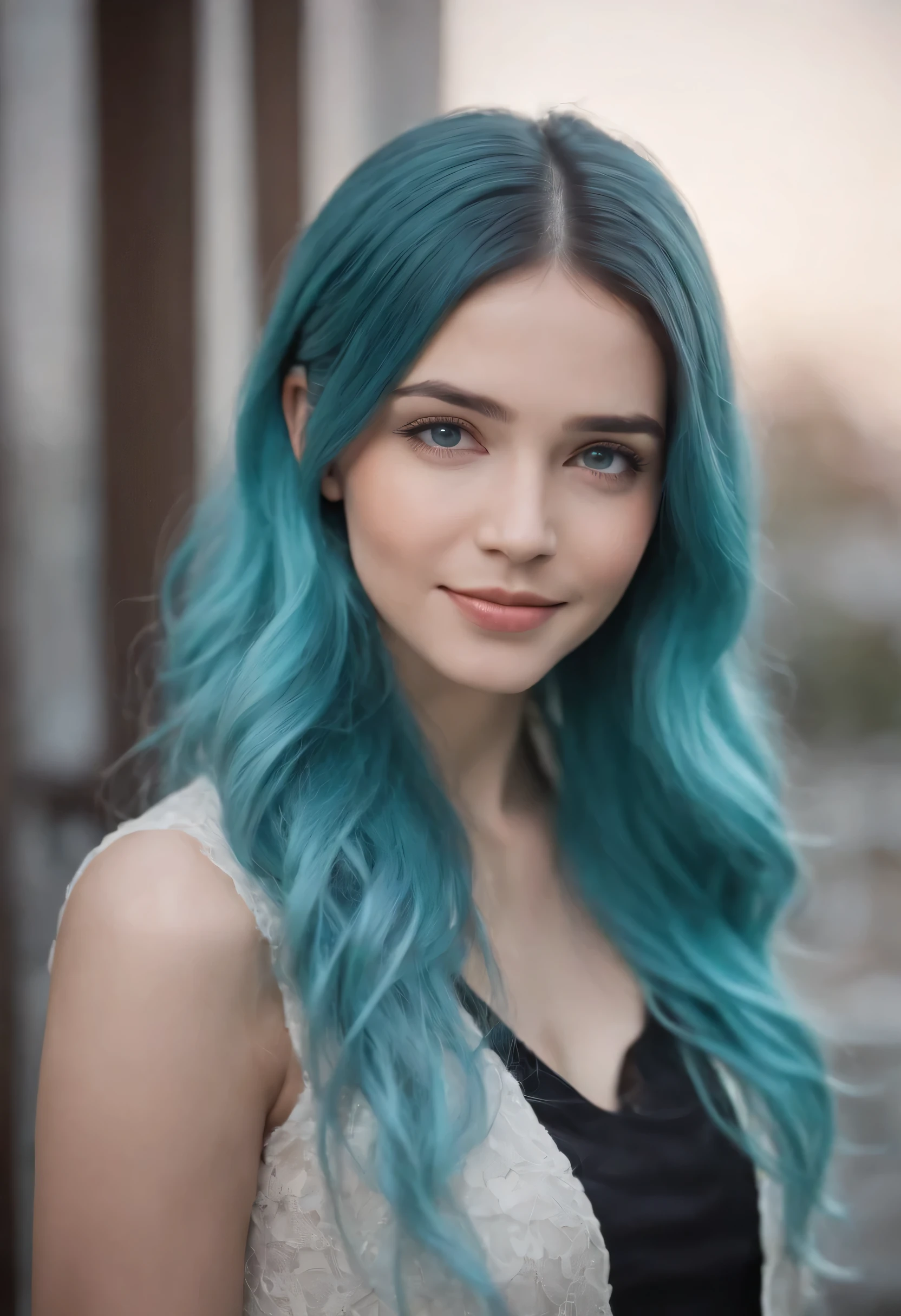 1girl, cyan hair, long hair, cyan eyes, smiling, portrait