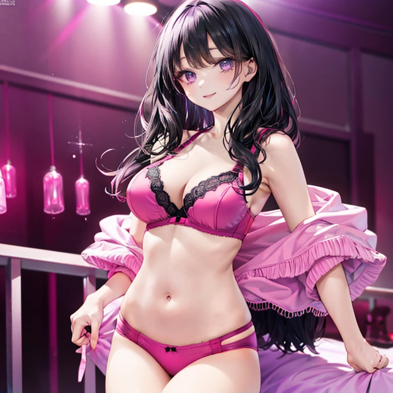 Black hair, purple eyes, large breasts, sexy, beautiful body, masterpiece, pink lingerie, pink underwear, pink bra, smile, bedroom