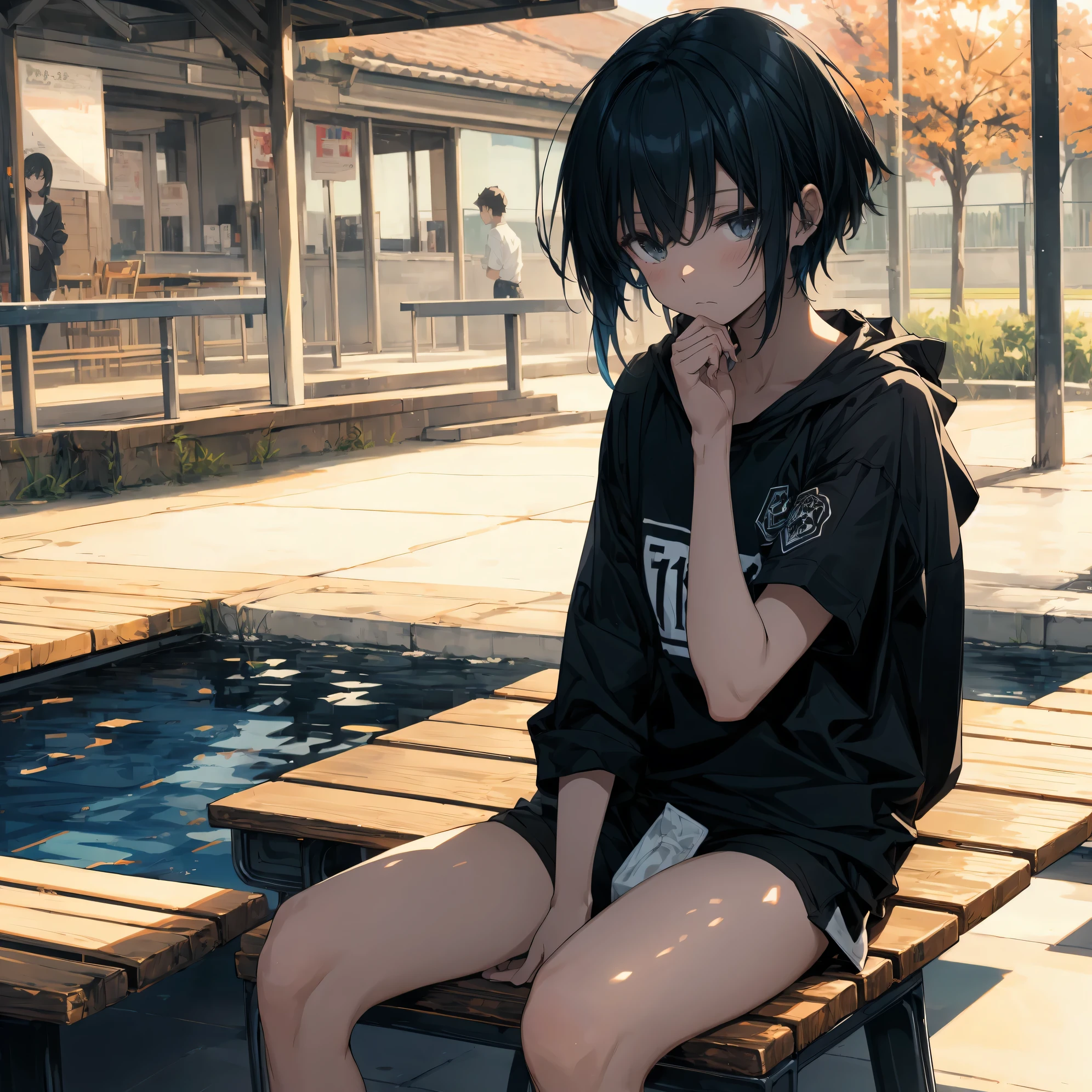 Super high quality by the art god, super detailed, High resolution, Shinkai Makoto style, anime moe art style, best anime 8K konachan wallpaper, pixiv contest winner, perfect anatomy, break,(スクール水着を着た女の子がプールサイドのベンチにalone眠そうに座っている絵を描いてください.),break, surreal girl, (alone,lolita, , :1.3),All limbs, full finger,, androgynous charm, (very short hair), Wet hair, small soft breasts,slender body, small ass, between legs, Small black eyes,hanme,beautiful and fine eyes, Well-proportioned iris and pupils, sleepy eyes, High resolutionの詳細な髪, School swimsuit wear,Wet, in School pool. break,super dense skin, shiny skin, Best lighting by famous artists, 8K, figure,surrealism, UHD, rough skin