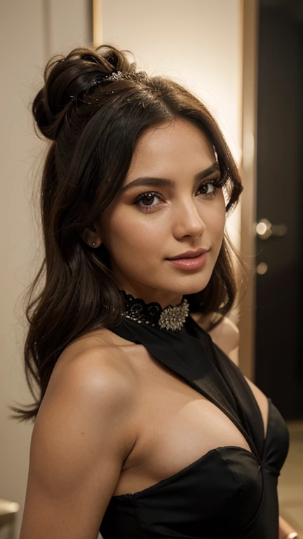 Jennifer [23] years, Cabello [Rubio], Ojos [Marrones], labios [llenos], nariz [Redonda], [pechos grandes], [big glutes], Maquillaje [tonos marrones], Manos [ambas manos en la cara ] , usando [vestido negro elegante ajustado], [collar de diamantes en el cuello], [hairstyle divided in the middle and bun at the end], [pendientes de diamantes en las orejas], en [una fiesta elegante], [disfrutando alegremente de la noche], [ligera sonrisa], [cerrando un ojo], [retrato superrealista], [professional lighting], [neon lights]
