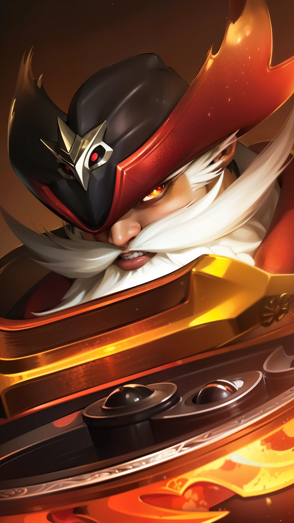 masculine male, masterpiece, ((perfect eyes)) best quality, (semirealism:1.9), beautiful lighting, (extremely detailed CG unity 4k fhd wallpaper), High Detail, Sharp focus, dramatic outdoors,40 years old, brown short hair, blue eyes, smile, Boy with two big horns, big earrings on ears, elf ear, red eyes, Thick eyebrows, evil smile, grinning,red body, red face, Burning skin, yellow diamonds glistening on chest, burning red skin,golden robe behind, big white belt , 8k , realistic, scary.
