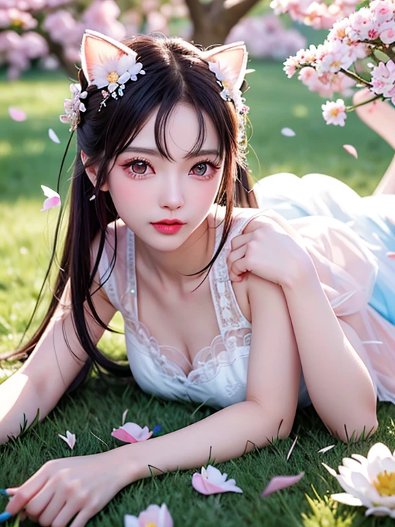 gentle and lovely Chinese beautiful woman, delicate and sexy clavicle, charming goose egg face, double eyelid, Smart peach blossom eyes, pink lips, small upturned nose, naked, whole body, Ultra HD, Super detailed, whole body写真, Ultra-thin translucent, Cat ear, falling petals, cyan hair、((Lying down in the meadow))