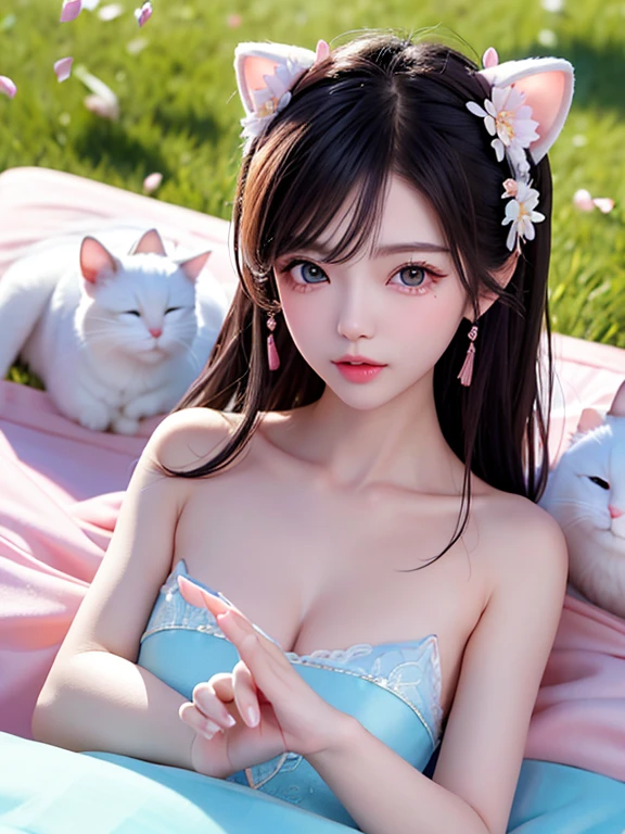 gentle and lovely Chinese beautiful woman, delicate and sexy clavicle, charming goose egg face, double eyelid, Smart peach blossom eyes, pink lips, small upturned nose, naked, whole body, Ultra HD, Super detailed, whole body写真, Ultra-thin translucent, Cat ear, falling petals, cyan hair、((Lying down in the meadow))