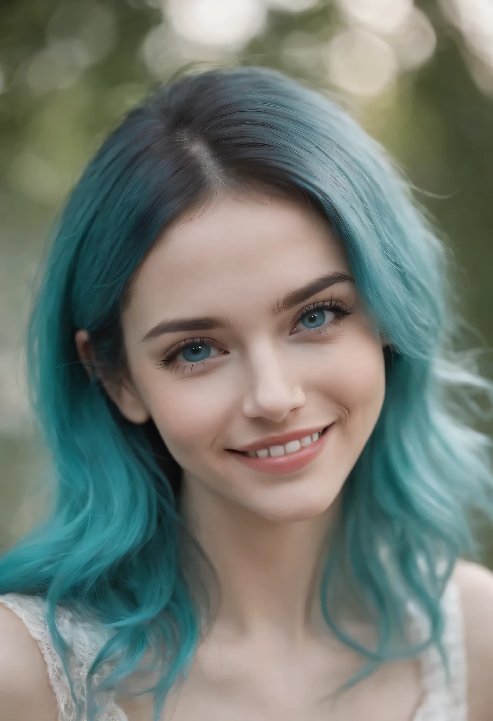 1girl, cyan hair, long hair, cyan eyes, smiling, portrait