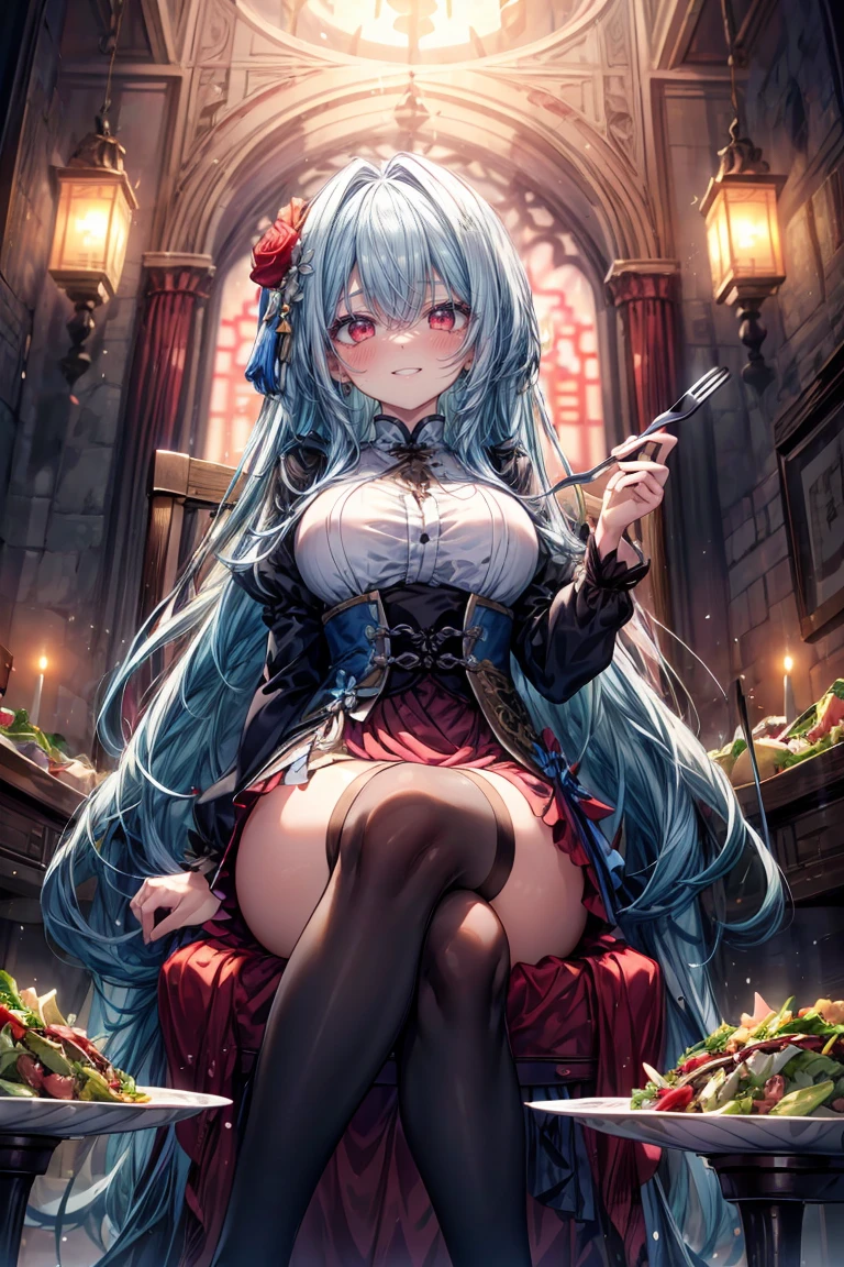 ((8K masterpiece,highest quality)), ultra high resolution, hyper detail, (1 girl), beautiful face, beautiful and delicate eyes,((red eyes)),Big eyes,shining eyes of light,Thin and long eyelashes,detailed light,((blue hair)),((long hair)),((straight hair)),big breasts,(very large thighs),thin waist,blush,(grinning smile),troubled face,(please please open your mouth wide),(royal daughter),(((王家のmeal)))((please open your mouth wide)),pink dress,flower hair ornament,white knee socks,Black pumps,(meal),(royal family of darkness),(Inside the castle), (A lot of food on the table),(((the girl sits on a chair、eat salad with a fork))),Eat food,motion blur,Depth of written boundary,spectacular panoramic view,angle from below