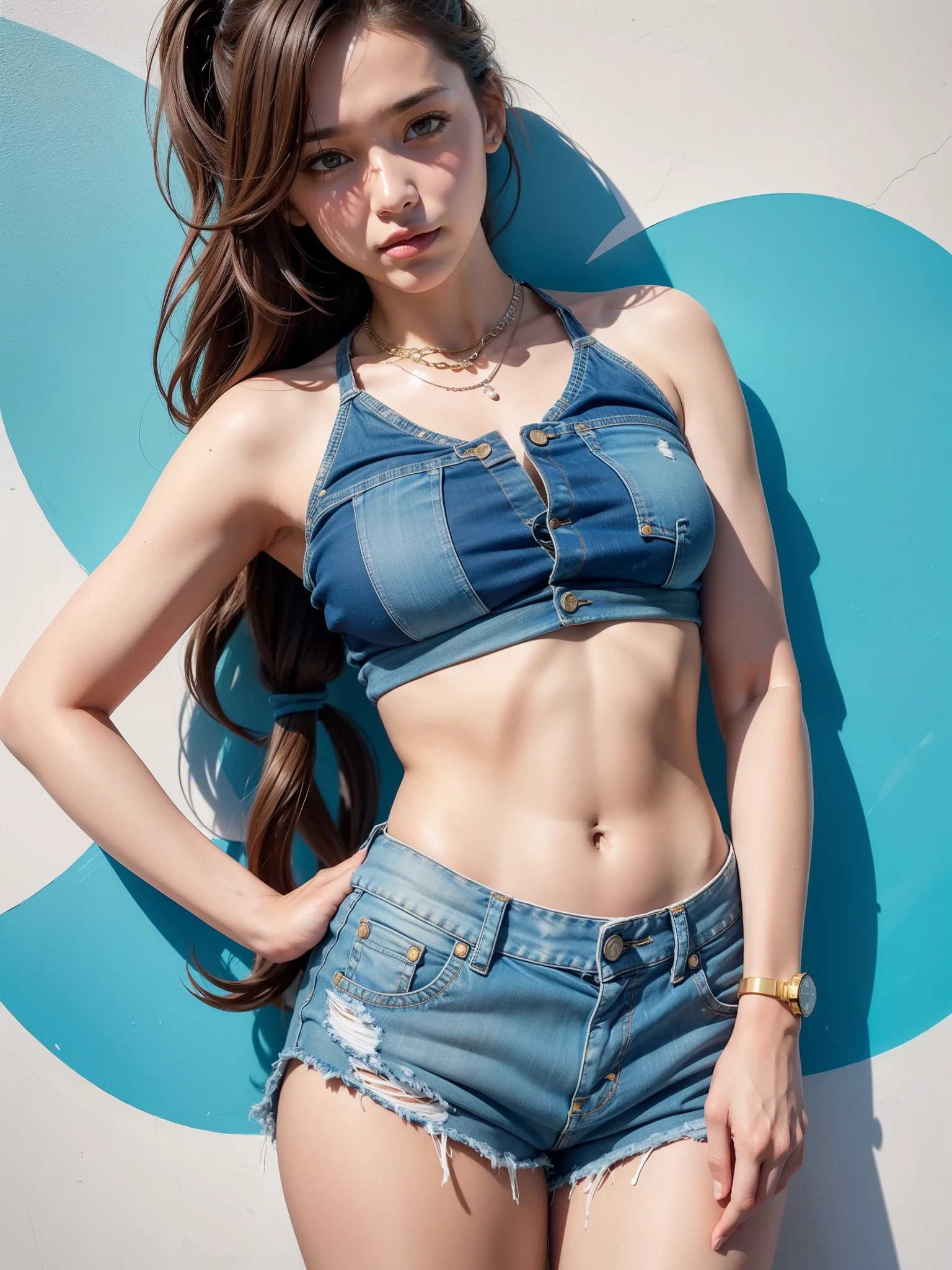 Masterpiece of best quality presentation, featuring a solo girl in a crop top and denim shorts, adorned with a delicate necklace around her neck. Scattered graffiti on the wall behind her adds a vibrant and playful touch (1.5). Paint splatters gracefully accent her arm, creating an artistic contrast against the plain denim fabric of her shorts. With a bored expression on her face and a slight tilt of her head, she looks directly at the audience, defying the monotony of her surroundings. Armbands and thigh straps of her sports attire add a hint of athleticism to her laid-back appearance. Her multicolored hair cascades down her back and her