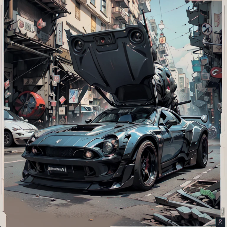 Cool sports cars - post-apocalypse, cyberpunk. Geometry. Highest quality, masterpiece. Image of sports cars. 3D rendering, visualization of a composition from complex fractals. Fantastic composition. Scenery for a science fiction film. Stylization Anime, cyberpunk, comics. The image is stylized as a hand-drawn comic book. Clear graphic outline, color fill. Depth of colors, warm light, cold shadows. Technological forms, cybernetics, electronics, wires. High image quality, 8K | Ultra HD | Full HD, cinematic comic book, 3D _in comic style - linear stroke, color fill, high-quality stroke - a masterpiece, TOP computer graphics ART. 8K, dark lighting, strong shadow. (vivid, anime, comic, creative, sharp focus, 8K).