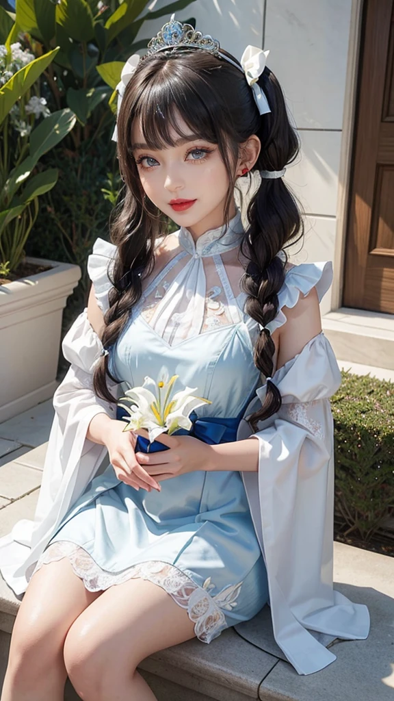 Marble garden,1,lily,twintails,brunette color hair,By bangs,Long white embroidered dress,Blue bow,9-year-old female model,Princess,crown,Smile,