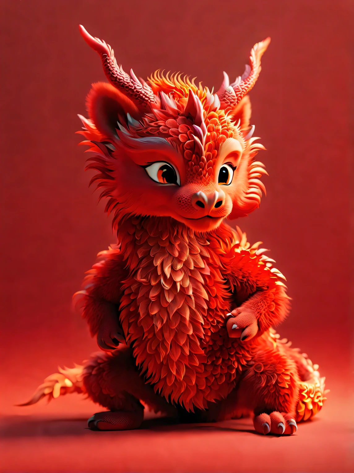 3d rendering, realistic fur, red wallpaper, Simple modern style, beautiful wallpaper, A very slender and playful red-orange zodiac dragon baby dances playfully, (frontal portrait), (looking at camera),, Beijing, China, 🦑 design, (Wearing an embroidered hoodie), (（monogrammed hoodie "AI": 1.37）)