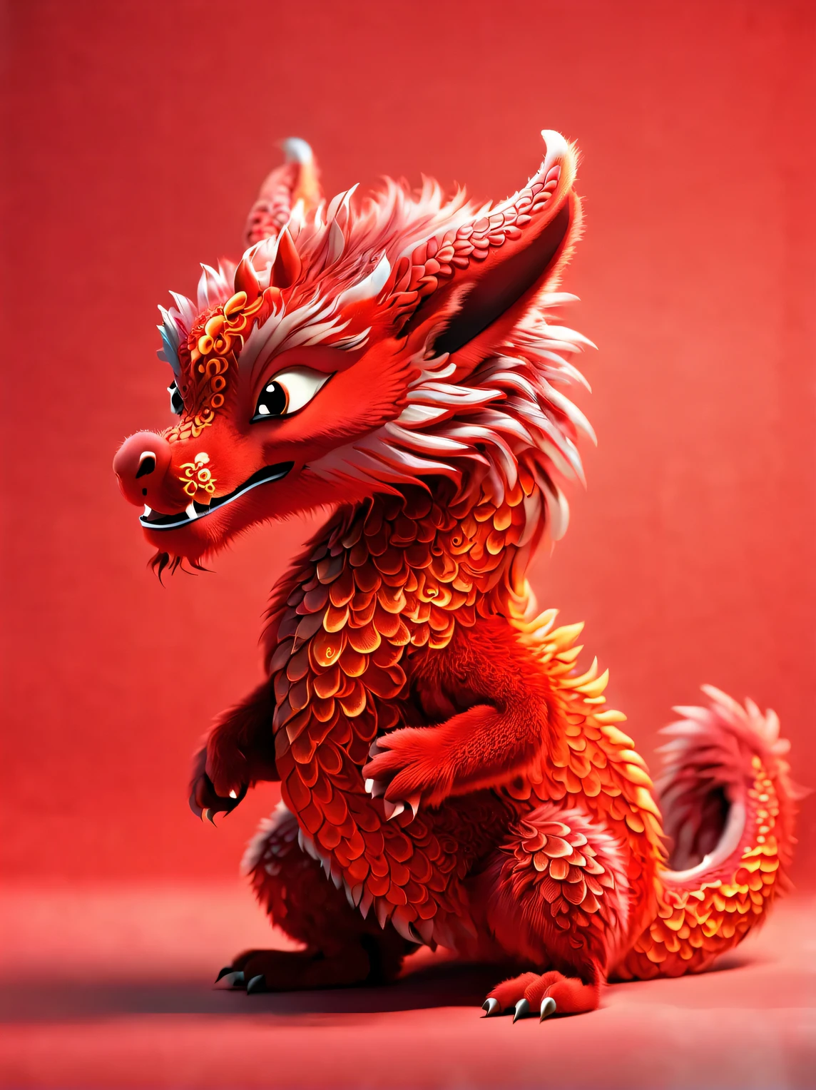 3d rendering, realistic fur, red wallpaper, Simple modern style, beautiful wallpaper, A very slender and playful red-orange zodiac dragon baby dances playfully, (frontal portrait), (looking at camera),, Beijing, China, 🦑 design, (Wearing an embroidered hoodie), (（monogrammed hoodie "AI": 1.37）)