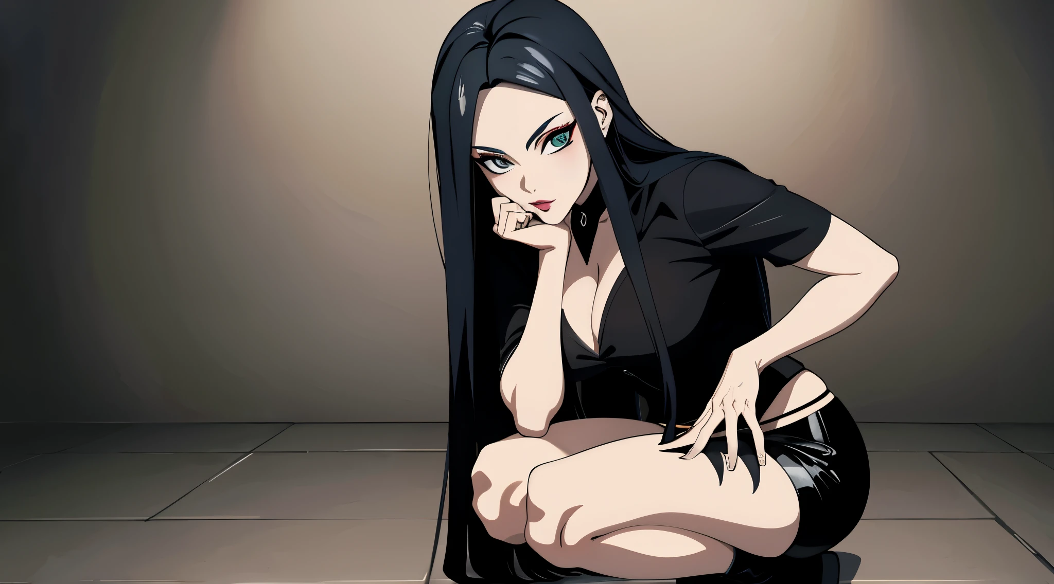 （​masterpiece，Highest Quality）a woman in a black blouse and black shorts standing, Girl standing, seductive anime, estilo de anime ecchi, beautiful anime squatting, Oppai, garota com top preto, garota com a boca provocador, olhar sedutor, , garota com a boca aberta, boca aberta sensual, garota gotica, garota vampira, a lot of seduction, olhando para espectador