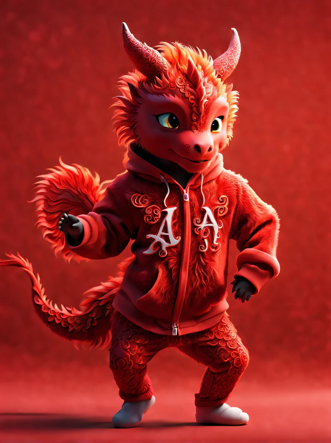 3d rendering, realistic fur, red wallpaper, Simple modern style, beautiful wallpaper, A very slender and playful red-orange zodiac dragon  dances playfully, (frontal portrait), (looking at camera), (Wearing an embroidered hoodie), (monogrammed hoodie "AI": 1.37), Beijing, China, 🦑 design,