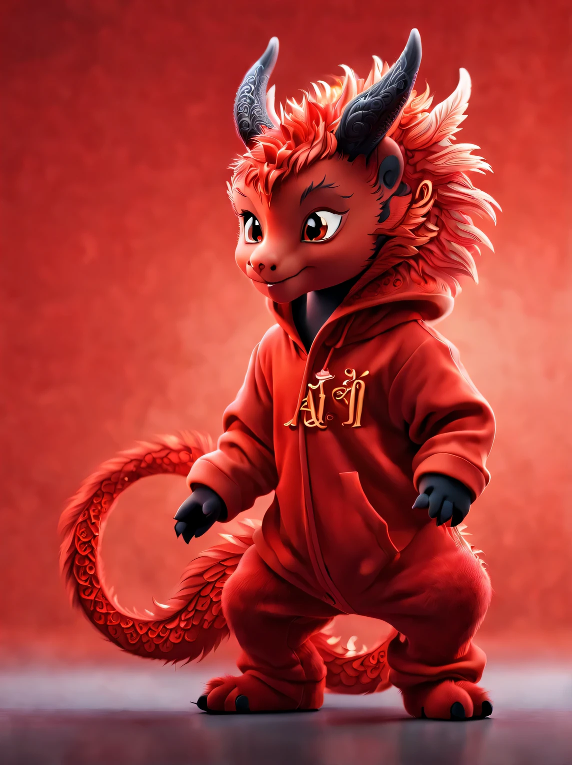 3d rendering, realistic fur, red wallpaper, Simple modern style, beautiful wallpaper, A very slender and playful red-orange zodiac dragon  dances playfully, (frontal portrait), (looking at camera), (Wearing an embroidered hoodie), (monogrammed hoodie "AI": 1.37), Beijing, China, 🦑 design,