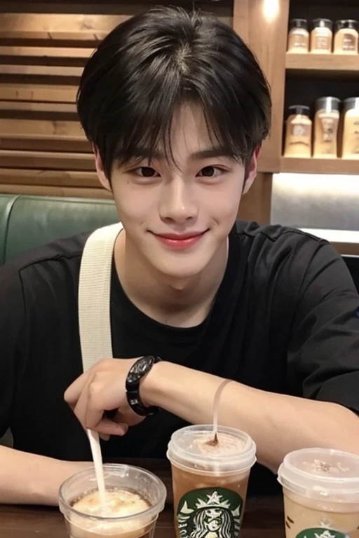 Photo shot from an iPhone of a handsome korean male whose face structure is similar to Cha Eun Woo is a bit muscular and is currently sitting in starbucks coffee shop with a smile