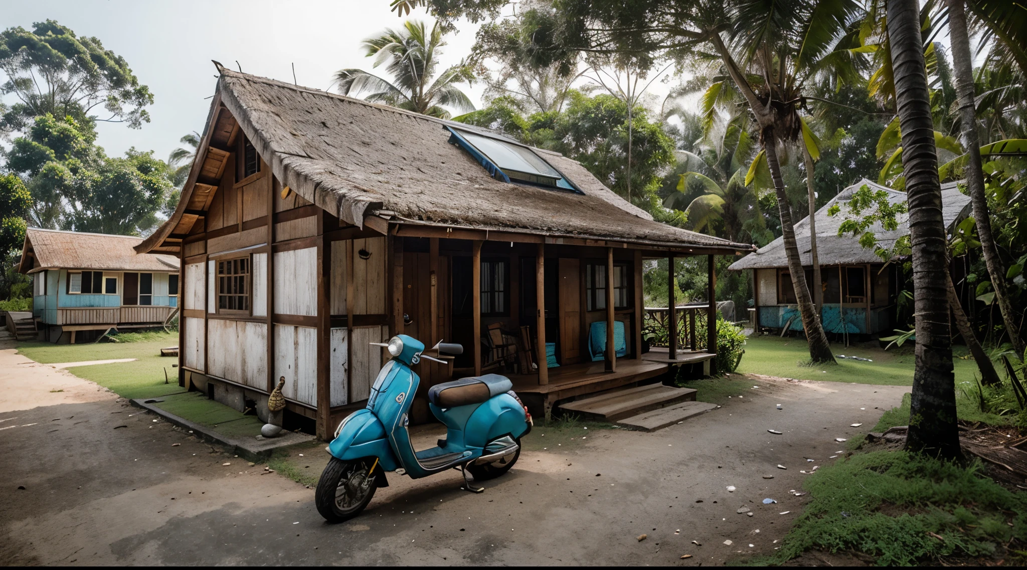 Beach wooden house in Indonesia and an old
Blue vespa parked near a gravel and grass road
with a misty pine forest in the background with a comfortable and peaceful atmosphere with lots of realistic and detailed coconut and banana trees and sea or beach as background