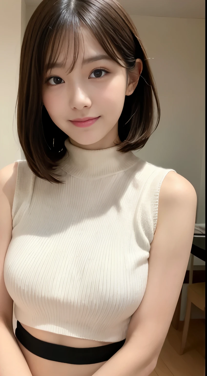 table top, best quality, realistic, in detail, highest resolution, 8k wallpapers, Complete dynamic configuration, beautiful and delicate eyes, medium hair, big bust, random and sexy poses,Put your heart together、(Tiny Mock Neck Crop Tank Top White Knitwear)、(breast swelling 1.2)、smile、open your mouth、resort scenery、23 years old、(droopy eyes 1.4)、The beauty of adults、Japanese