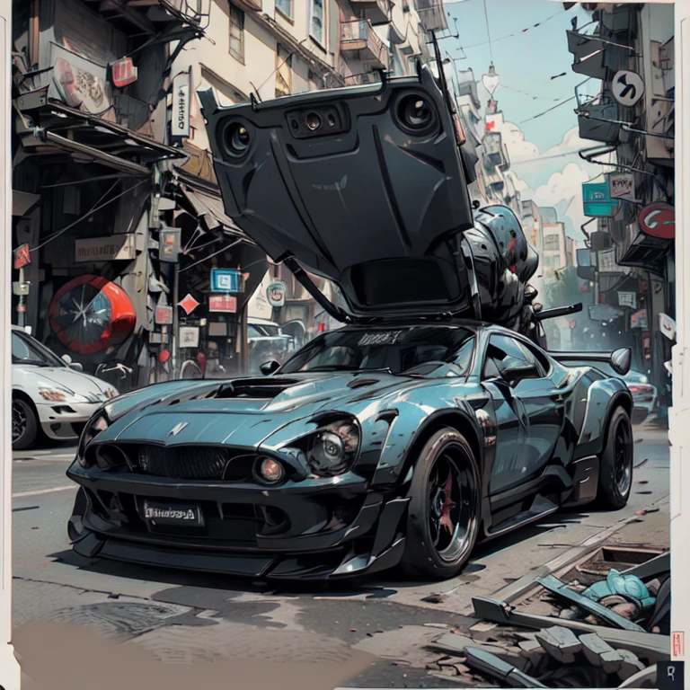 Cool sports cars - post-apocalypse, cyberpunk. Geometry. Highest quality, masterpiece. Image of sports cars. 3D rendering, visualization of a composition from complex fractals. Fantastic composition. Scenery for a science fiction film. Stylization Anime, cyberpunk, comics. The image is stylized as a hand-drawn comic book. Clear graphic outline, color fill. Depth of colors, warm light, cold shadows. Technological forms, cybernetics, electronics, wires. High image quality, 8K | Ultra HD | Full HD, cinematic comic book, 3D _in comic style - linear stroke, color fill, high-quality stroke - a masterpiece, TOP computer graphics ART. 8K, dark lighting, strong shadow. (vivid, anime, comic, creative, sharp focus, 8K).