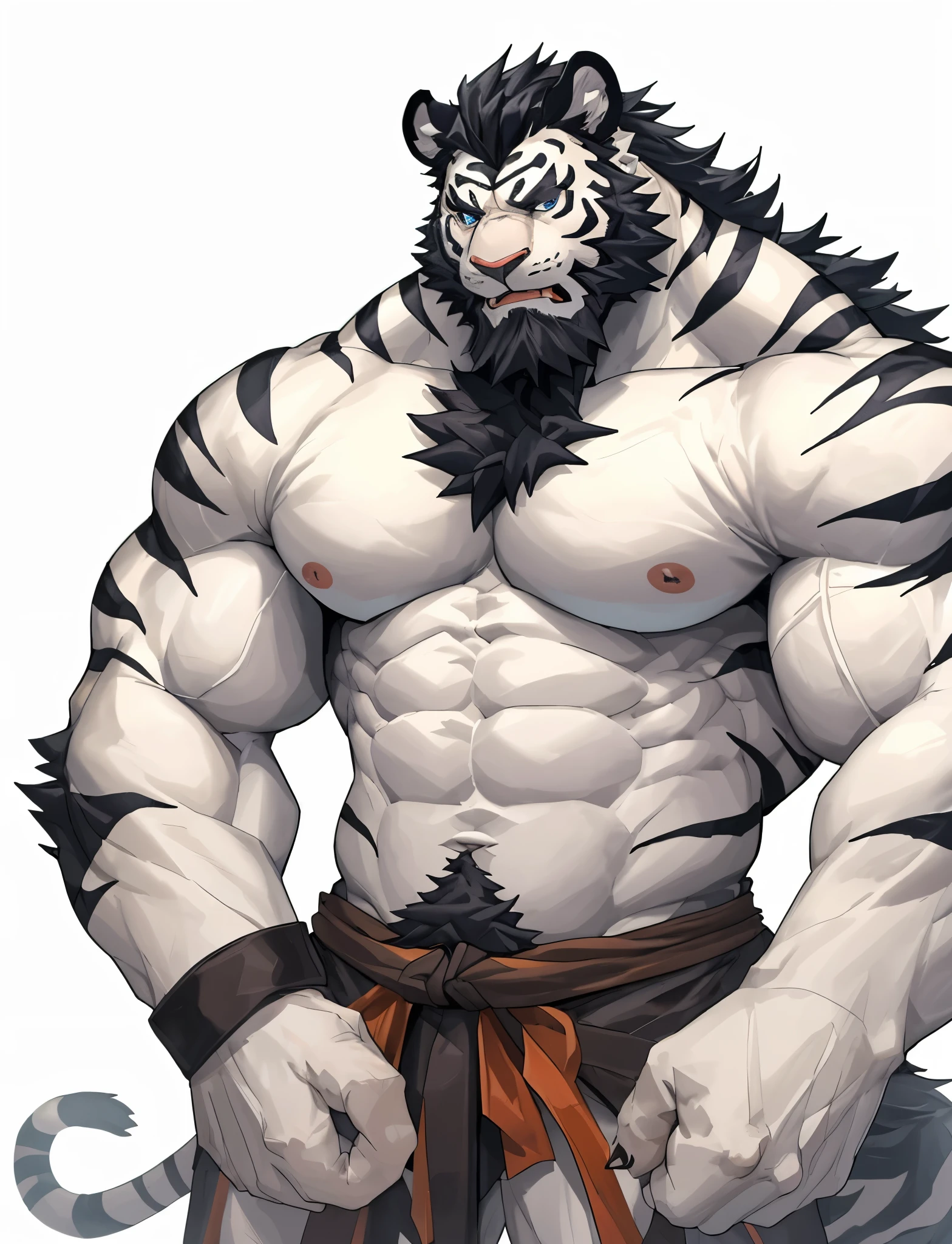 Drawing of a cartoon monster with big breasts and big arms, Thick black line drawing, thick line draft, heavy line draft,, thick silhouette, symmetry!! Akuma&#39;s portrait, Detailed but rough, thick outline, fluffy chest, Muscular werewolf, 颈部和胸部hairy的厚绒毛, macho monster tough guy，human nature((dramatic))epic，dynamic poses，dynamic angle，a scene in，Extreme perspective and powerful composition，ridiculous，(super detailed),sharp focus，Genji，Blue eyes，hairy，white fur，Blackbeard，Black mid，human nature(White Tiger)，male，middle aged，white body，white belly，muscular，super detailedface, (delicae eyes)，naked，motion blur，(best quality)，(masterpiece)，high detail，high quality，Award winning high resolution HD 16k yes(Close-up 1x5)