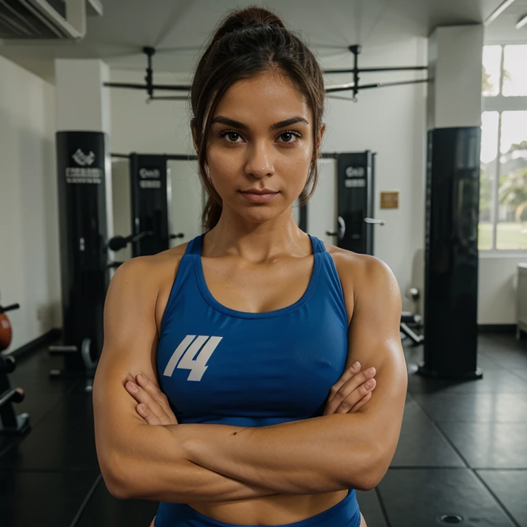Crie uma mulher fitness na academia, arms crossed