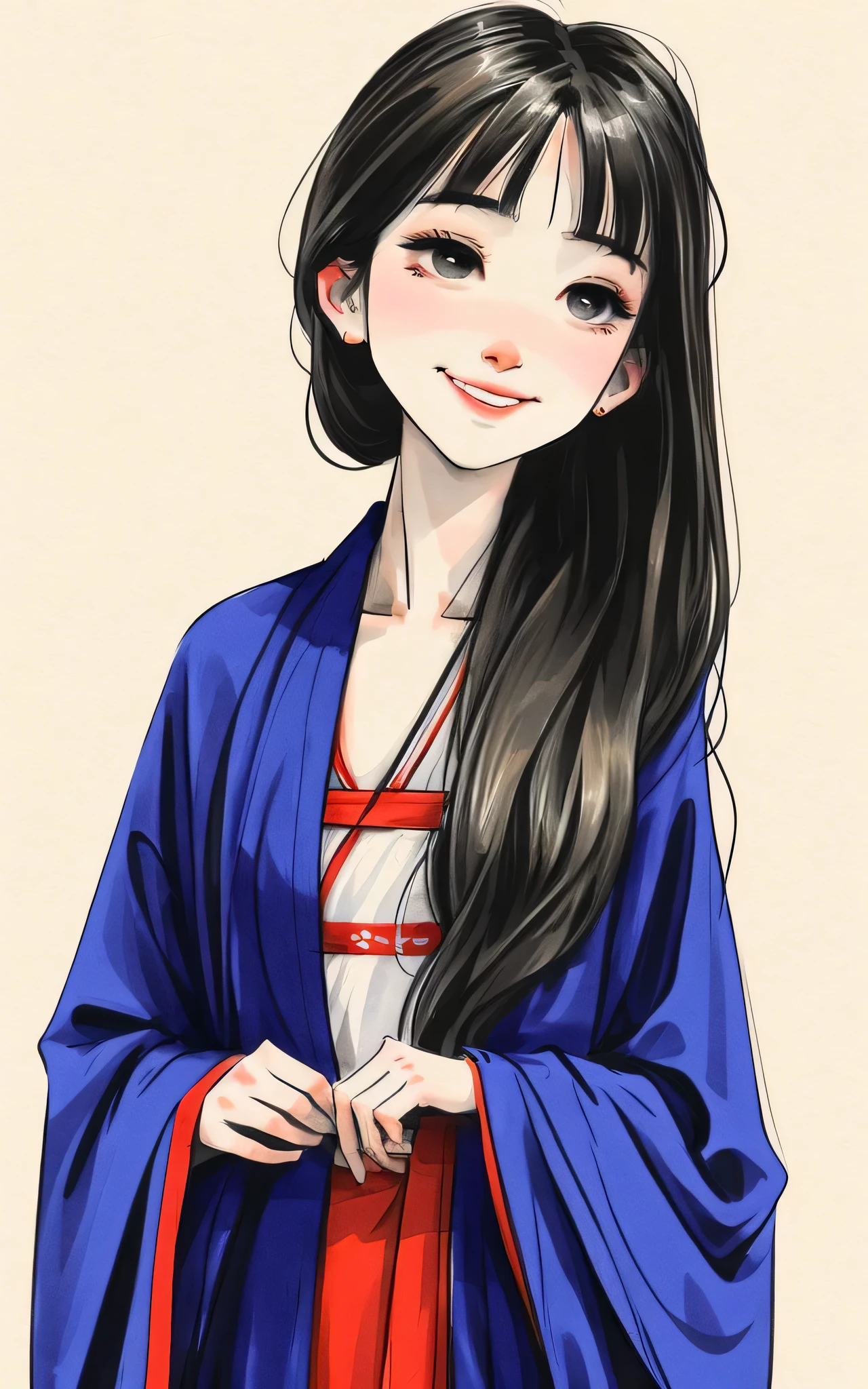 shukezouma, negative space, , shuimobysim, Portrait of a woman standing, ramos de salgueiro, (obra-prima, melhor qualidade: 1.2), pintura tradicional chinesa a tinta, estilo modelshoot, peaceful, (sorriso), olhando para o espectador, vestindo hanfu longo, hanfu, chant, salgueiro ao fundo, wuchangshuo, (samdoesart)