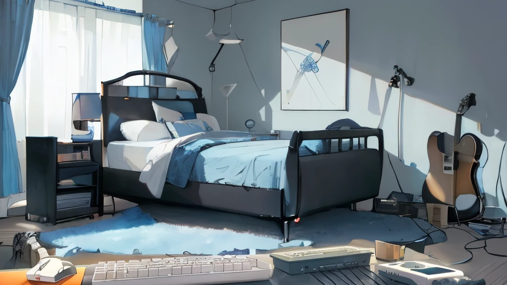 (best quality, masterpieces:1.4), detailed, super fine illustration, (background only), streaming and bedroom scene,white electric guitar,guitar amp,single bed, grey blanket, grey wallpaper, blue rug, gaming chair,game controller, blue neon lights.
