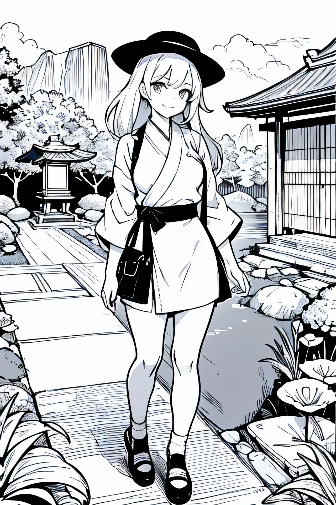 Coloring pages for adults, pretty girl, smile , In the style of anime, dashed line, Medium Details, Abstract shape background, black and white, with out shading, --If 9:16,Shukkeien Garden, Traditional Japan garden, calm atmosphere, teahouse, Miniature landscape, white casual denim jacket, Knee-length white dress, comfortable white sneakers, white crossbody bag
