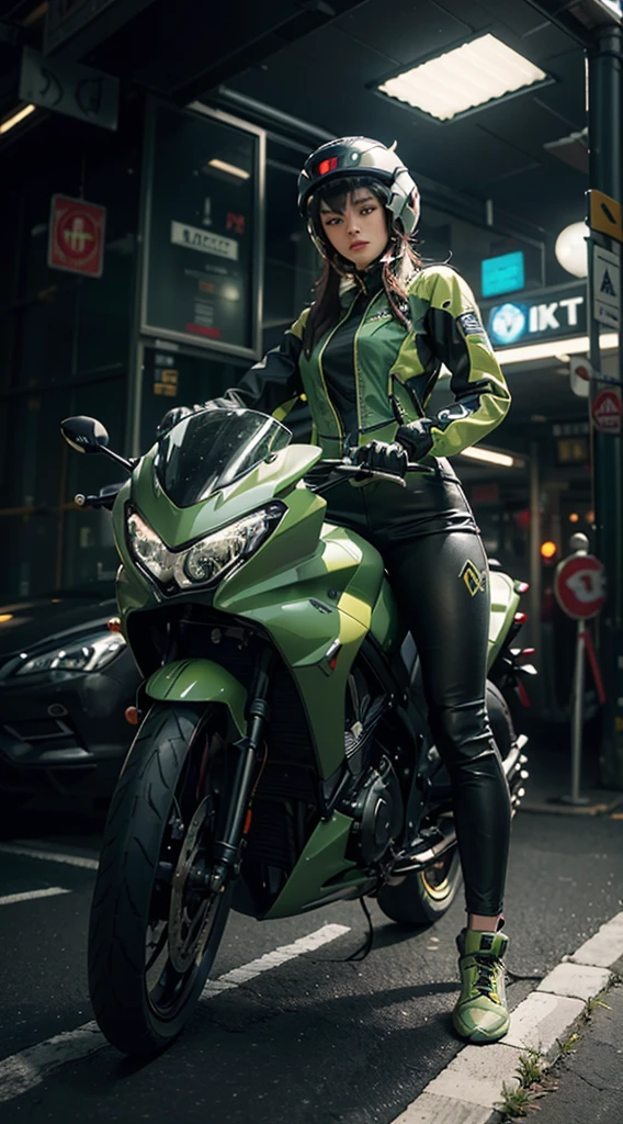 (((full body photo))) ((Best Quality)), ((Masterpiece)), (Detail: 1.4), Ultra High Resolution, (Realisticity: 1.4), Best Illustration, Favor Details, Highly Cohesive 1girl, with a delicate and beautiful face, wearing a green mech, wearing a mecha helmet, holding a directional controller, riding on a motorcycle, the background is a high-tech lighting scene of the future city.