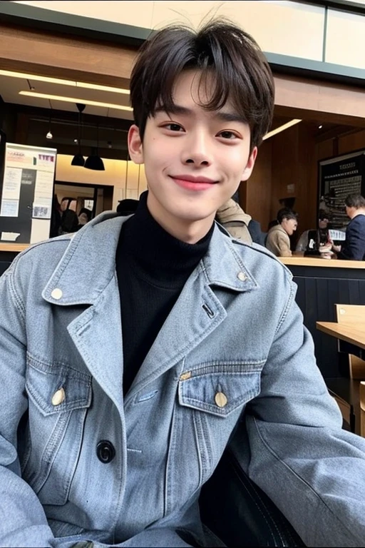 Photo shot from an iPhone of a handsome korean male whose face structure is similar to Cha Eun Woo is, a bit muscular, wearing a jacket and fashionable clothes and is currently sitting in starbucks coffee shop with a smile