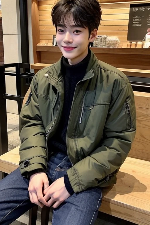 Photo shot from an iPhone of a handsome korean male whose face structure is similar to Cha Eun Woo is, a bit muscular, wearing a jacket and fashionable clothes and is currently sitting in starbucks coffee shop with a smile