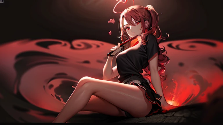 One girl, with red short wavy hair with ponytails, sits upright, bare legs, you can see the whole body from head to toe, bottom, (Heart: 1.2), wears a dark black oversized sweatshirt, black short panties, elegant bare legs in white socks out of focus, nearby weapon is a combat magic crossbow, (Best quality, 4K, a high resolution, masterpiece: 1.2), ultra detailed, Realistic: 1.37, portraits, Dark Fantasy, soft low lighting, Beautiful detailed eyes and lips, abstract dark black background of many red hearts, Smoke, red eyes in the dark.