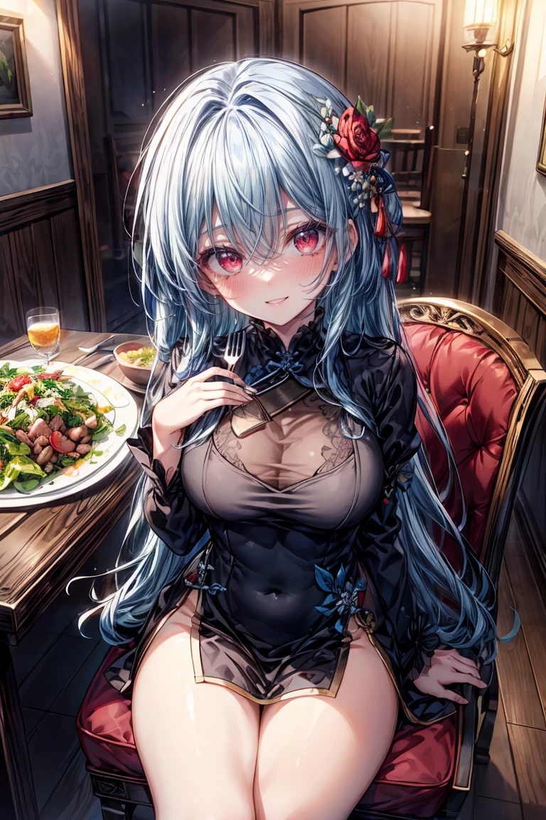 ((8K masterpiece,highest quality)), ultra high resolution, hyper detail, (1 girl), beautiful face, beautiful and delicate eyes,((red eyes)),Big eyes,shining eyes of light,Thin and long eyelashes,detailed light,((blue hair)),((long hair)),((straight hair)),big breasts,(very large thighs),thin waist,blush,(grinning smile),troubled face,(please please open your mouth wide),(royal daughter),(((王家のmeal)))((please open your mouth wide)),pink dress,flower hair ornament,white knee socks,Black pumps,(meal),(royal family of darkness),(Inside the castle), (A lot of food on the table),(((the girl sits on a chair、eat salad with a fork))),Eat food,motion blur,Depth of written boundary,spectacular panoramic view,angle from above