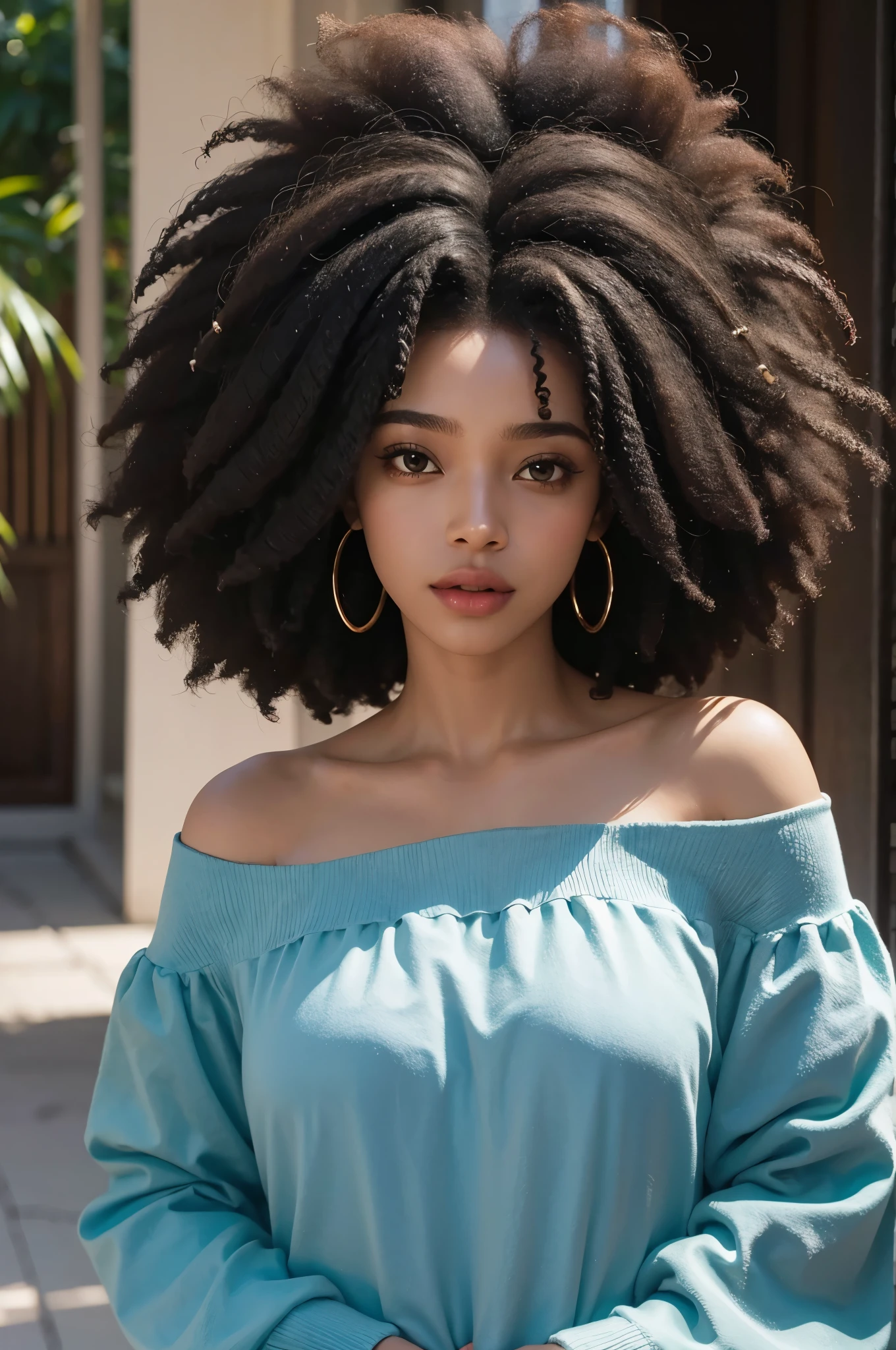 um close de uma mulher com um cabelo afro muito grande, a digital rendering by Lily Delissa Joseph, destaque no instagram, acontecendo, long cabelo afro, grande afro, cabelo natural, cabelo afro, afro gigante!, com cabelo e pele texturizados, com afro, afro encaracolado, Afro loira curta, afro, cabelos curtos naturais, Cabelos pretos naturais extra-escuros, cabelo grande,with a hairdryer in hands.