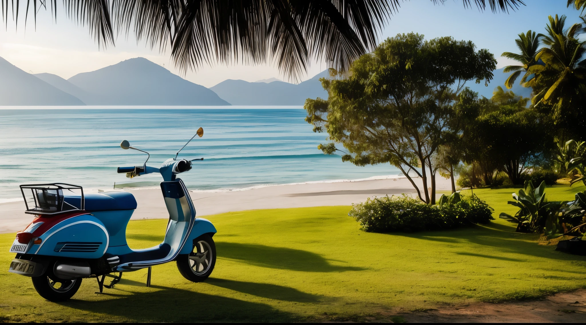 Beach house Indonesia and an old
Blue vespa parked near a gravel and grass road
with a misty pine forest in the background with a comfortable and peaceful atmosphere with lots of realistic and detailed coconut and banana trees and beach as background