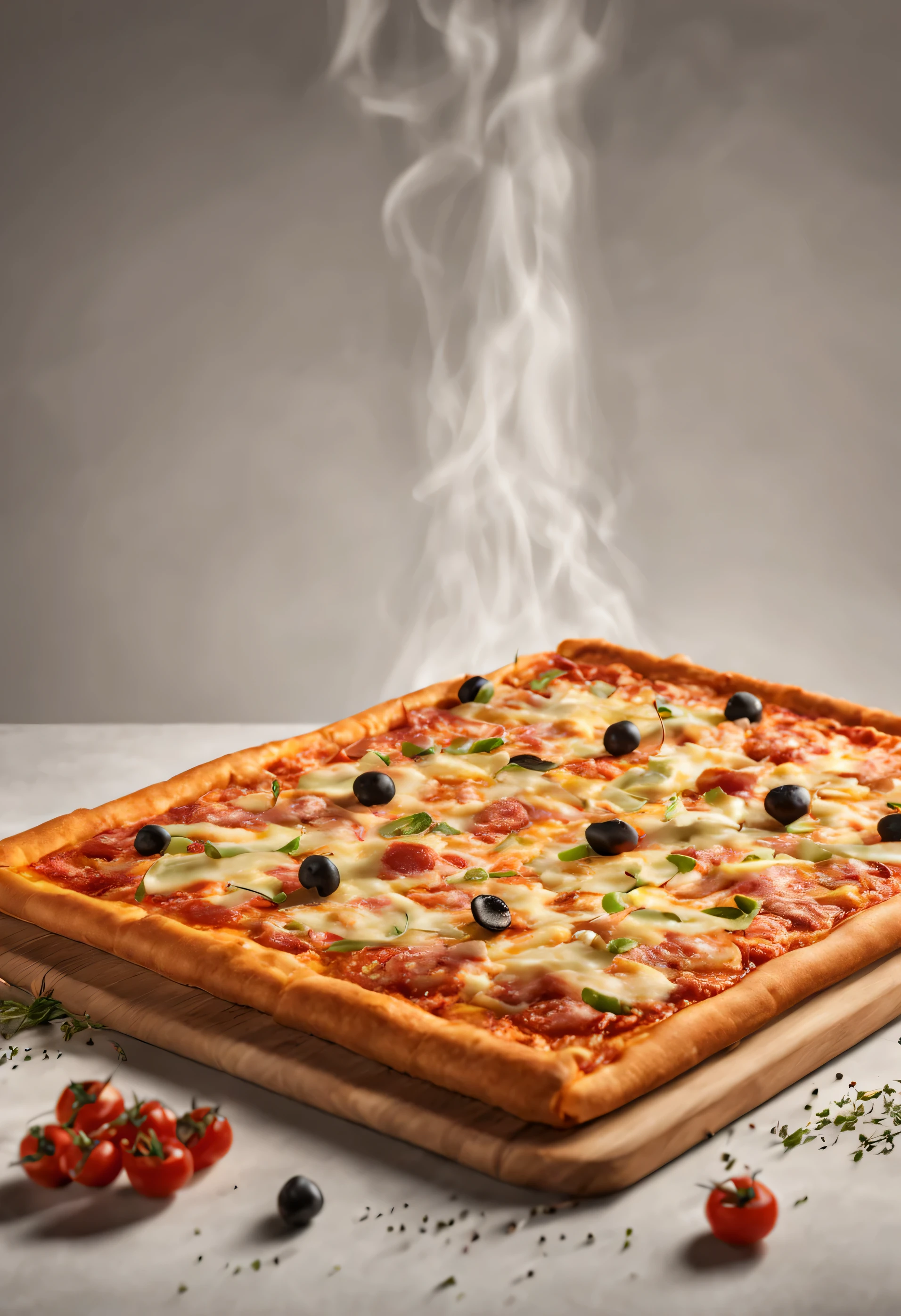 Uma imagem ultra-realista de uma pizza retangular gigante com cantos perfeitamente retos, covered in several small grated flavors without black olives divided into 5 columns of different flavors an irresistible and melted cheese filling, with appetizing smoke rising, com luz indireta em plano aberto.