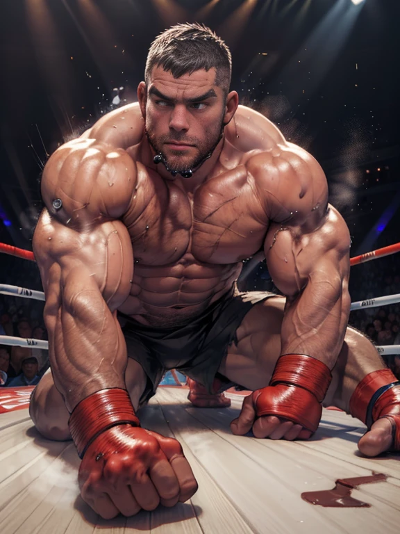 3D Photorealistic, Masterpiece realistic, best high quality, perfect details, RAW Photo, intricate details, nice lighting, 4K, detailed background, In the championship boxing match, A determined muscular boxing champion 45-year-old man, perfect wrinkle wearing pure white boxing trunk and red boxing gloves. His faces marked with fear and weakness. Crowded audiences and nice lighting, nice face lighting, serving a boxing battleground. The banner signs overhead cast a surreal, flickering glow, adding to the atmosphere of raw energy. He looks firm in powerful boxing stances, as ready to start the fight in a next second. Unnoticed by the world beyond. It's a fight born of pride, rivalry, or perhaps a deeper conflict and pride, and it rages on with an intensity that can only be found in the unforgiving boxing stadium of the city. Intricate details, details of physic muscle, perfect body anatomy, perfect hand anatomy. hot beard, (straight face:1.2), bodily fluid (bodily fluid:1.5), bruised body (bruised body:1.8), last breathe (last breathe:1.99), damaged abs (damaged abs:1.7), run out of stamina (run out of stamina:1.8), extremely fatigue status (extremely fatigue:1.9), enfeeble status (enfeeble:1.7), weaken status (weaken:1.8), look elsewhere (look elsewhere:1.4), groaning (groaning:1.5), beg for mercy, bleeding inside, bleeding from mouth, (bleeding:1.8), bleeding from nose, bleeding abs, mouth open, lying on the floor, his inner organs destroyed, his liver destroyed, his intestine destroyed, his stomach destroyed, his abs destroyed, his spare ribs broken, his chest bone broken, his muscle arms broken, (broken:1.7)