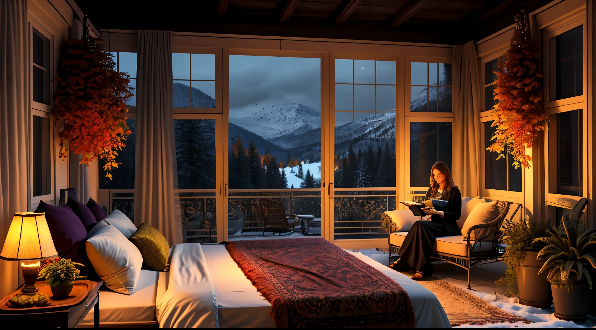 Autumn night, Colorful room in a mansion, Large open balcony terrace which is a furnished veranda. A woman reads a book on the bed.You can see the beautiful snow beyond the hill, 4k, Ultra-high image quality, Luxury space, Moody indirect lighting, indoor plant, rich, Rich, VIP , VIP Moments