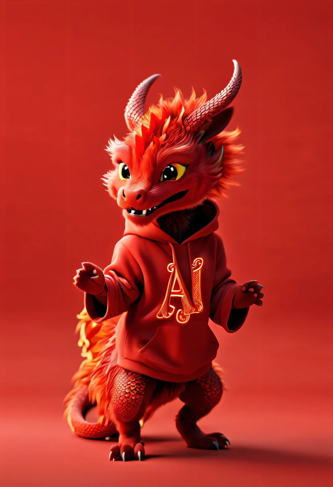 3d rendering, realistic fur, red wallpaper, Simple modern style, beautiful wallpaper, Super skinny naughty red and orange zodiac dragon baby dances playfully, frontal portrait, (looking at camera), Beijing, ๐ฆ design, (Wearing an embroidered hoodie), (monogrammed hoodie "AI": 1.37)