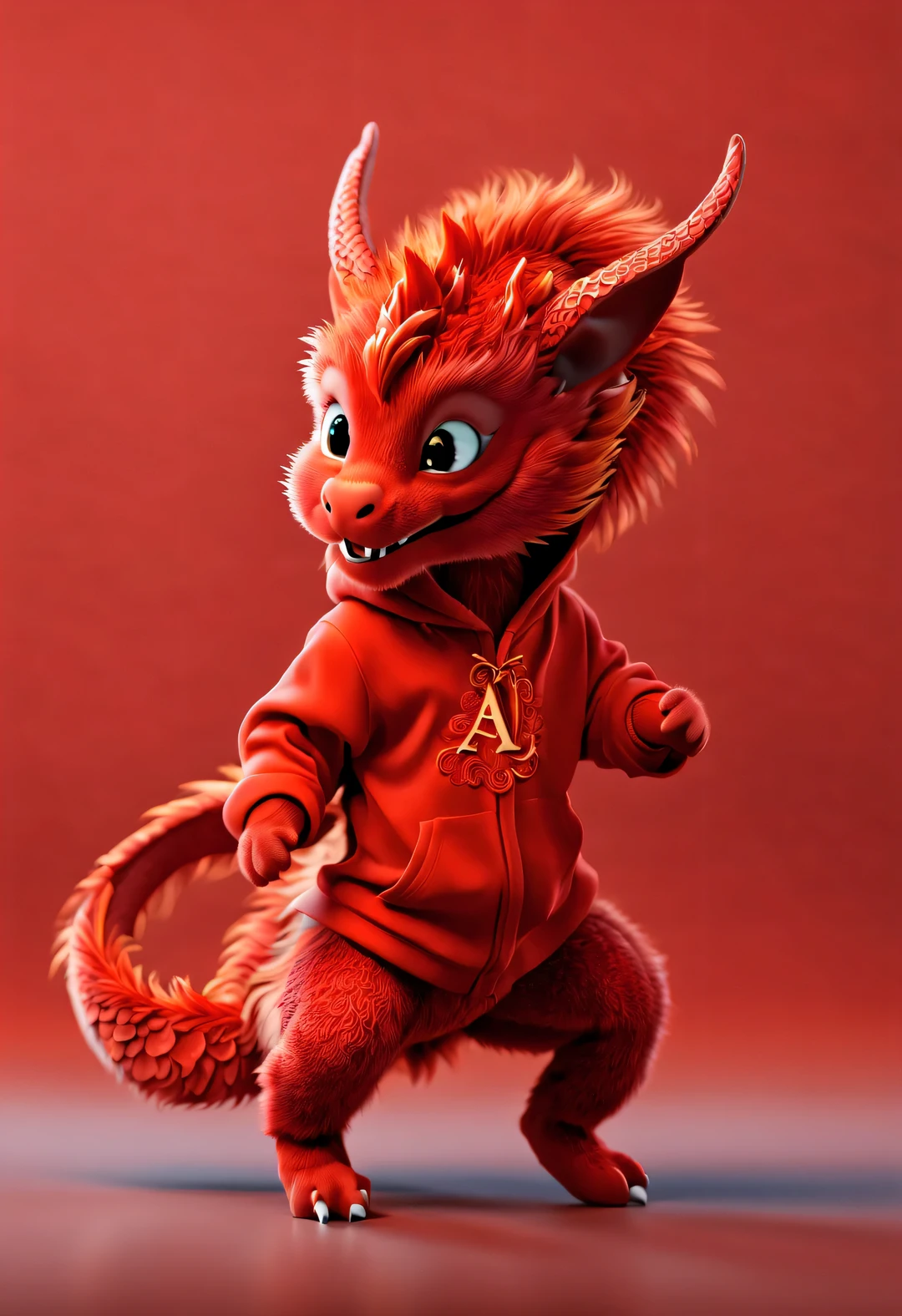 3d rendering, realistic fur, red wallpaper, Simple modern style, beautiful wallpaper, Super skinny naughty red and orange zodiac dragon baby dances playfully, frontal portrait, (looking at camera), Beijing, 🦑 design, (Wearing an embroidered hoodie), (monogrammed hoodie "AI": 1.37)