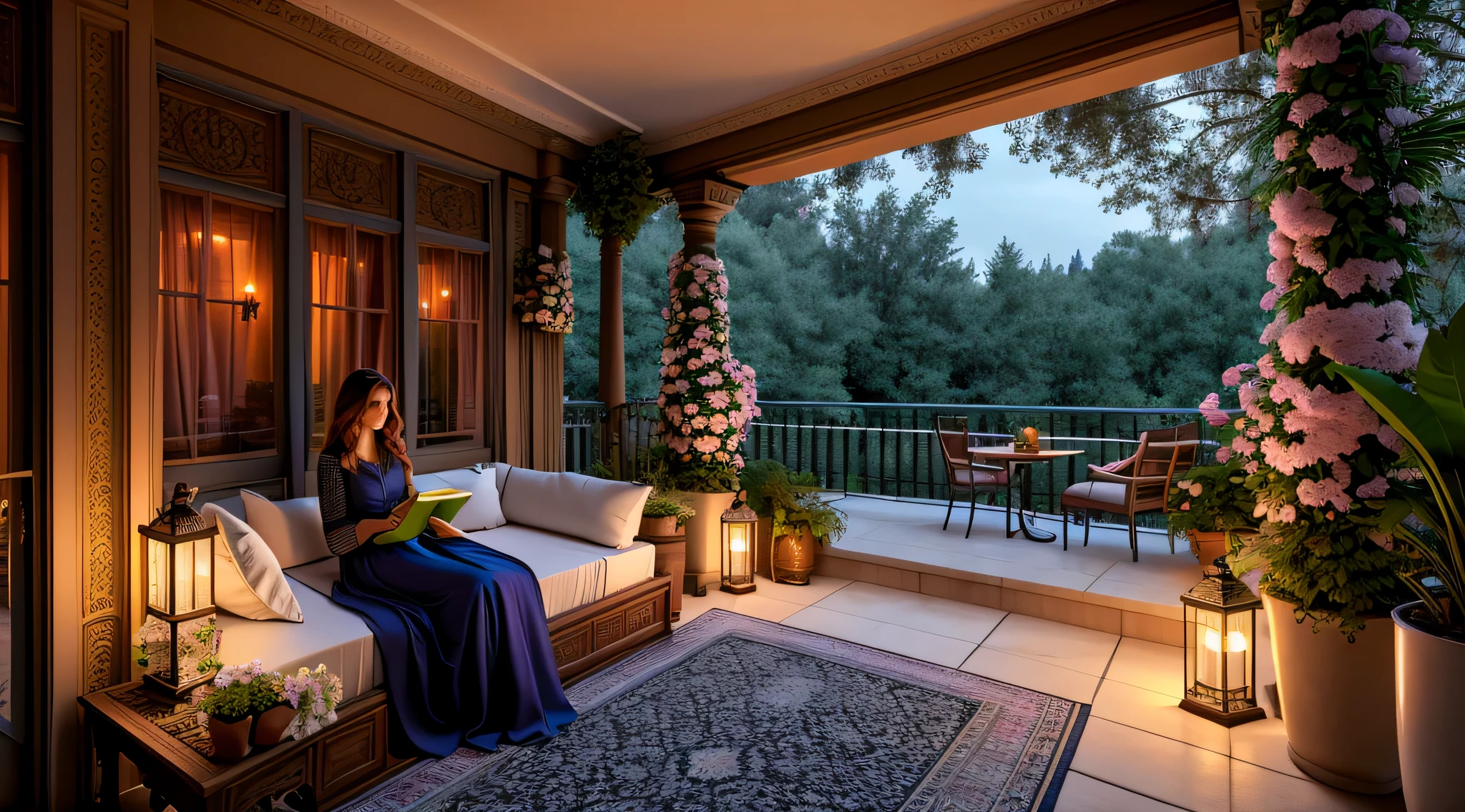 Spring night, Colorful room in a mansion, Large open balcony terrace which is a furnished veranda. A woman reads a book on the bed. You can see the trees blooming in many colors, the birds on the branches beyond the hill, 4k, ultra-high image quality, luxurious space, Moody indirect lighting, indoor plant, rich, rich, VIP, VIP moments. Good quality and realistic photo