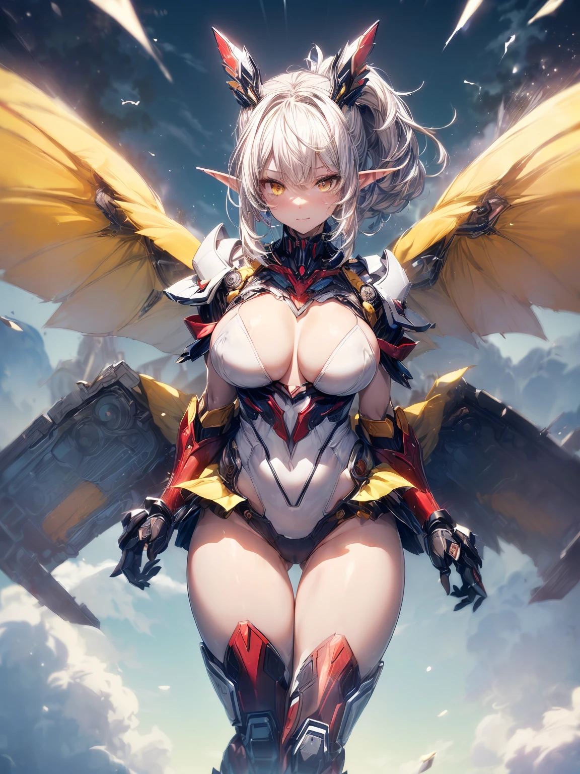 (masterpiece、highest quality, wonderful, very detailedティッカーユニティ、8k wallpaper, Depth of written boundary, Ultra-fine illustration:1.5)、。.。.3D, very detailed, (Full body Esbian、Mecha elf girl:1.3), sci-fi battlefield, Hawken, shy smile, open your mouth、short ponytail hair, (dark yellow hair, yellow eyes:1.2), sparkling eyes, Embarrassingly cute face, cute, big breasts, delicate hair, messy hair, (((null、青くて広いnull、White cloud、shiny hair, shiny skin, (Symmetrical mechanical winetallic colored mechanical wings that are widely expanded to the left and right so that they protrude wonderfully from the screen, bite, white hair ornament), (particles of light, cinematic lighting: 1.3), (pale pink lips: 0.8), by Yusuke Murata.