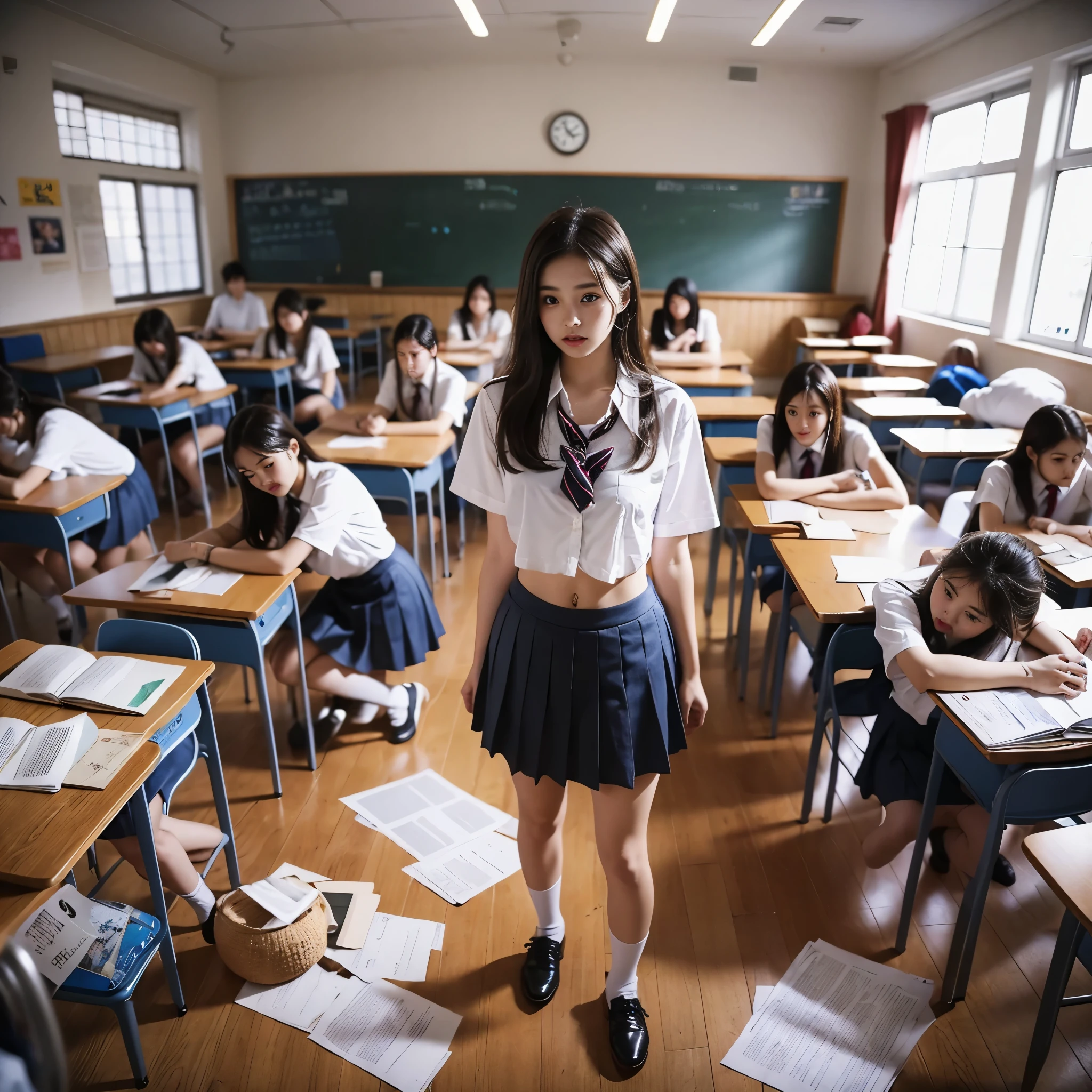 (RAW photo:1.2), (realistic), beautiful detailed girl, very detailed eyes and face, beautiful and detailed eyes, huge file size, High resolution, very detailed, highest quality, [table top:1.6], shape, very detailed, small details, highest quality, 8k wallpaper, movie lighting,Three -yeld hischool girls, school uniform is torn, Desolate classroom, High school girls being cornered, Fight bravely, scattered textbooks, Fallen desk, Fallen chair, Her uniform shirt is torn and her white bra is visible., The skirt of her uniform is torn and her white panties are visible., look of fear, slender body, young face, immature body, underwear exposed