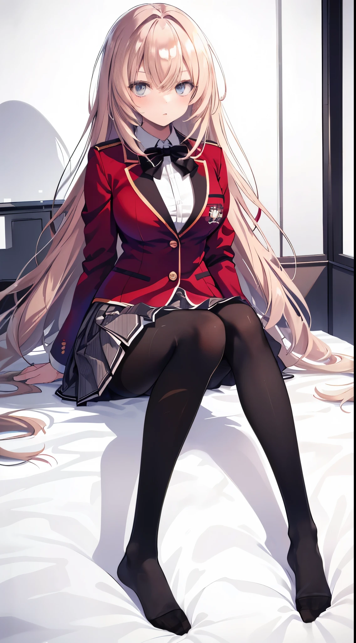 finest, masterpiece, High resolution, (Full body view from head to toe), front, frontやや下からの構図, Symmetrical, 18 year old girl, alone, (whole body from head to toe), small breasts, brown hair, slightly messy hair, long hair, bangs, (black tights), ( (black pantyhose), black pantyhose, Sitting in the bedroom, (M-shaped legs), show me your white panties, Slender legs, とても美しい18 year old girl, (not wearing shoes), blush, shy big eyes, messy hair, looking at camera, Blazer uniform appearance、Checkered pleated skirt