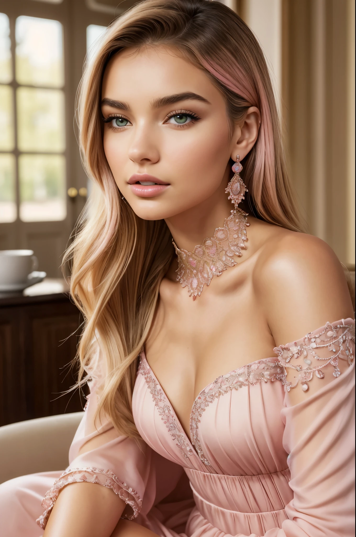photo of a beautiful european young woman, Glamours Model Shots, raw, award winning, Full body, white long curly hair, make up, beauty spot, gorgeous sexy rococo styled pink and blue patterned dress and stunning crystal jewels, Sitting on an antique sofa,posing for a fashion photo, detailed facial features, realistic perfect symmetrical eyes and pupils, delicate lips, detailed skin, real human skin, skin pores, Photorealism, Lifelike textures, natural colors, best quality, film grains, cinematic 8k epic detailed, photograph shot on Kodak, Photographic style of the 1980s, Image taken from dynamic range,