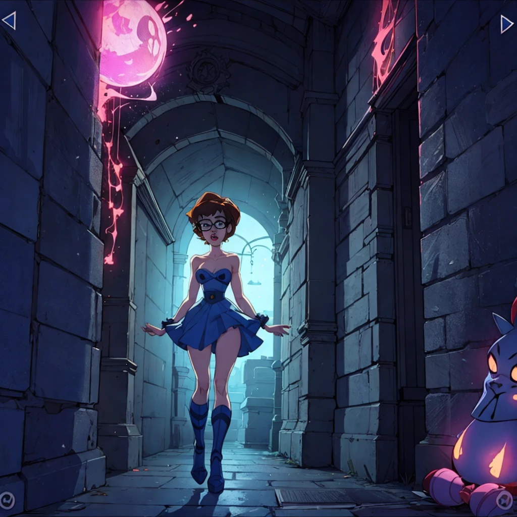Velma Dinkley from Scooby Doo, dark ambient, misterious ambient,1 girl, solo girl, scared
