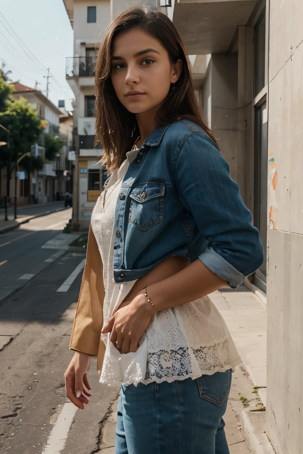 (Mais alta qualidade:1.2), ultra-detalhado, Mulher euro-americana, Jovem, realista, Modern setting, traje casual, natural lighting, ambiente urbano, cores vibrantes