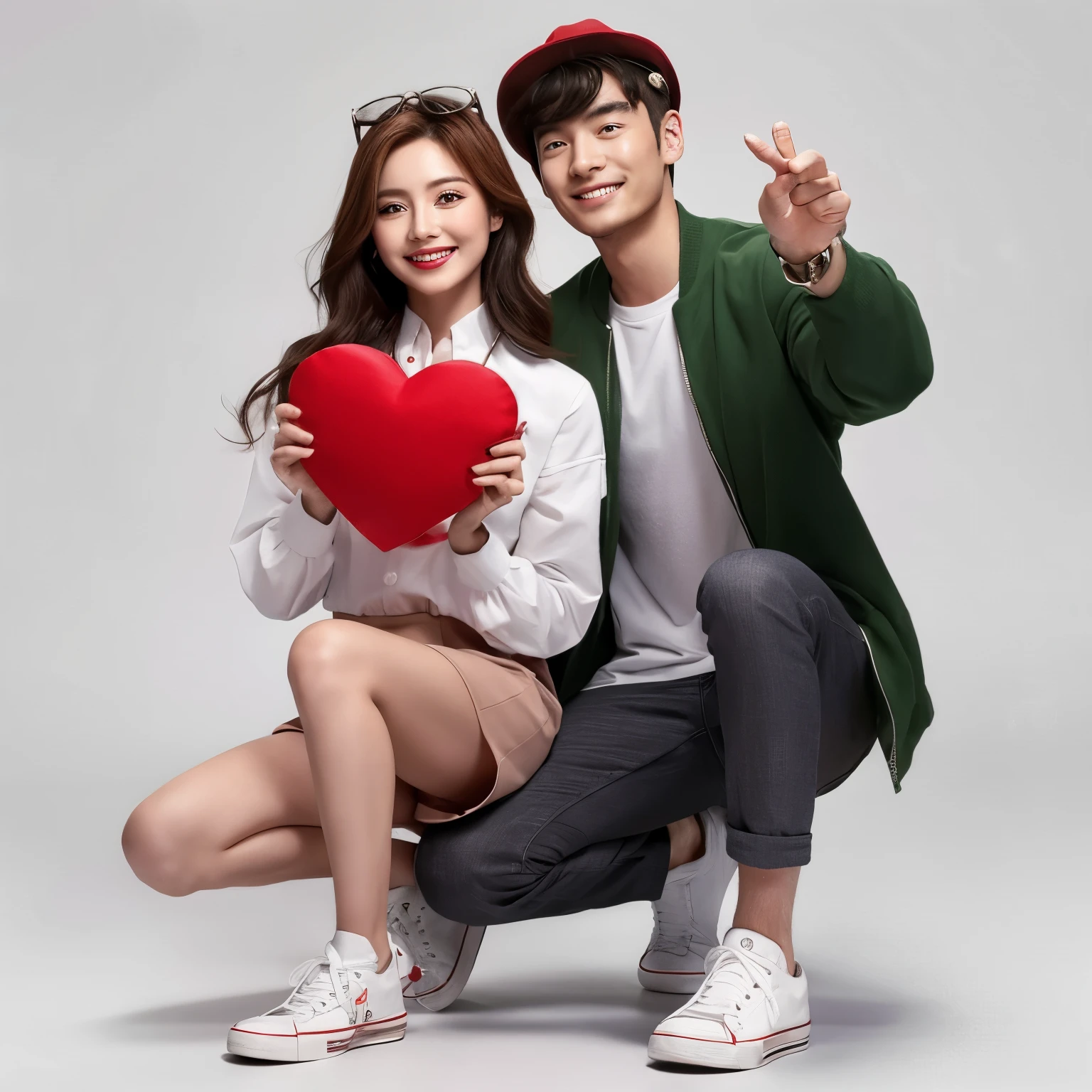 a chinese woman are standing, a chinese man standing behind a chinese woman, holding up red hearts with smiles on their faces. The woman is wearing a white shirt, while the man has his arm around her. They appear to be enjoying themselves as they pose for the photo.