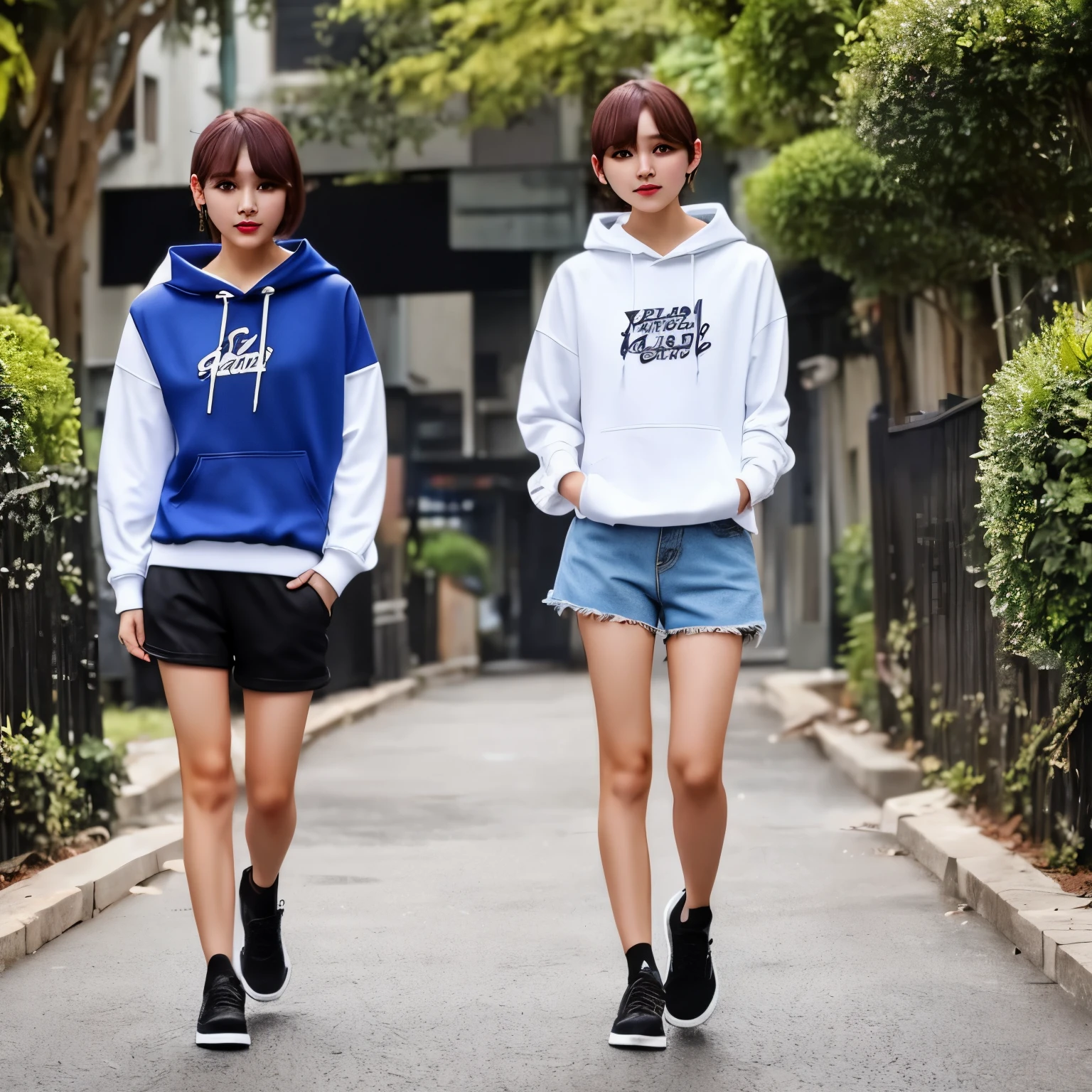 beautiful girl、short hair、hoodie、shorts