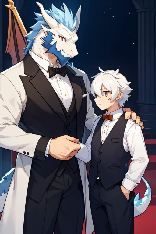 dragon, antropomorphic, formal clothes, younger, white scailes, white dragon, facial hair,