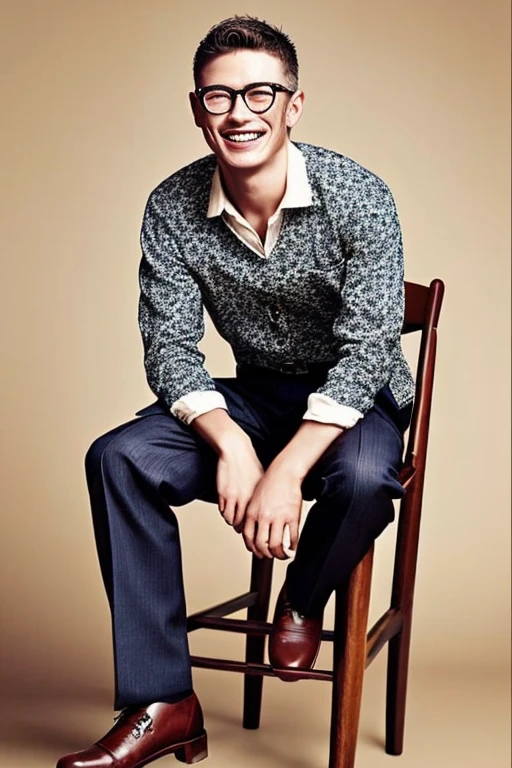 apparel advertising、male model、白人male model、Clothes like Dolce and Gabbana、Sitting on a wooden chair、Cheek cane、A smile that shows your teeth、looking diagonally to the left